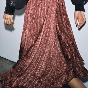 Zara🔥Metalic Skirt Flowy Printed Long Midwaist Multicolored Copper Trendy